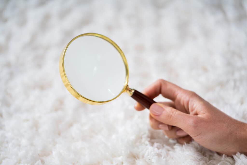 Young Female Looking At Carpet With Magnifying Glass for bed bug eggs