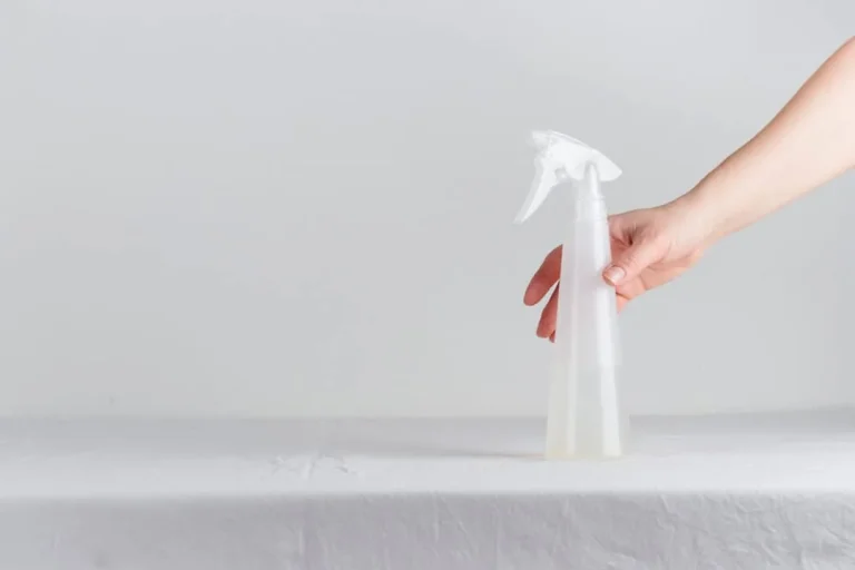 Hand holding a white spray bottle of DIY peppermint mice repellent