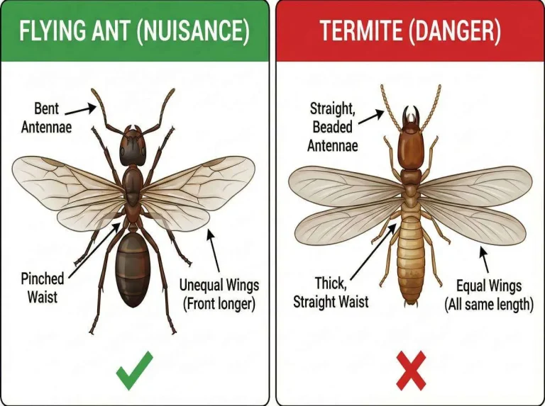 Flying termites vs. flying ants diagram: ants have bent antennae, pinched waists and unequal wings; termites have straight antennae, thick waists and equal wings