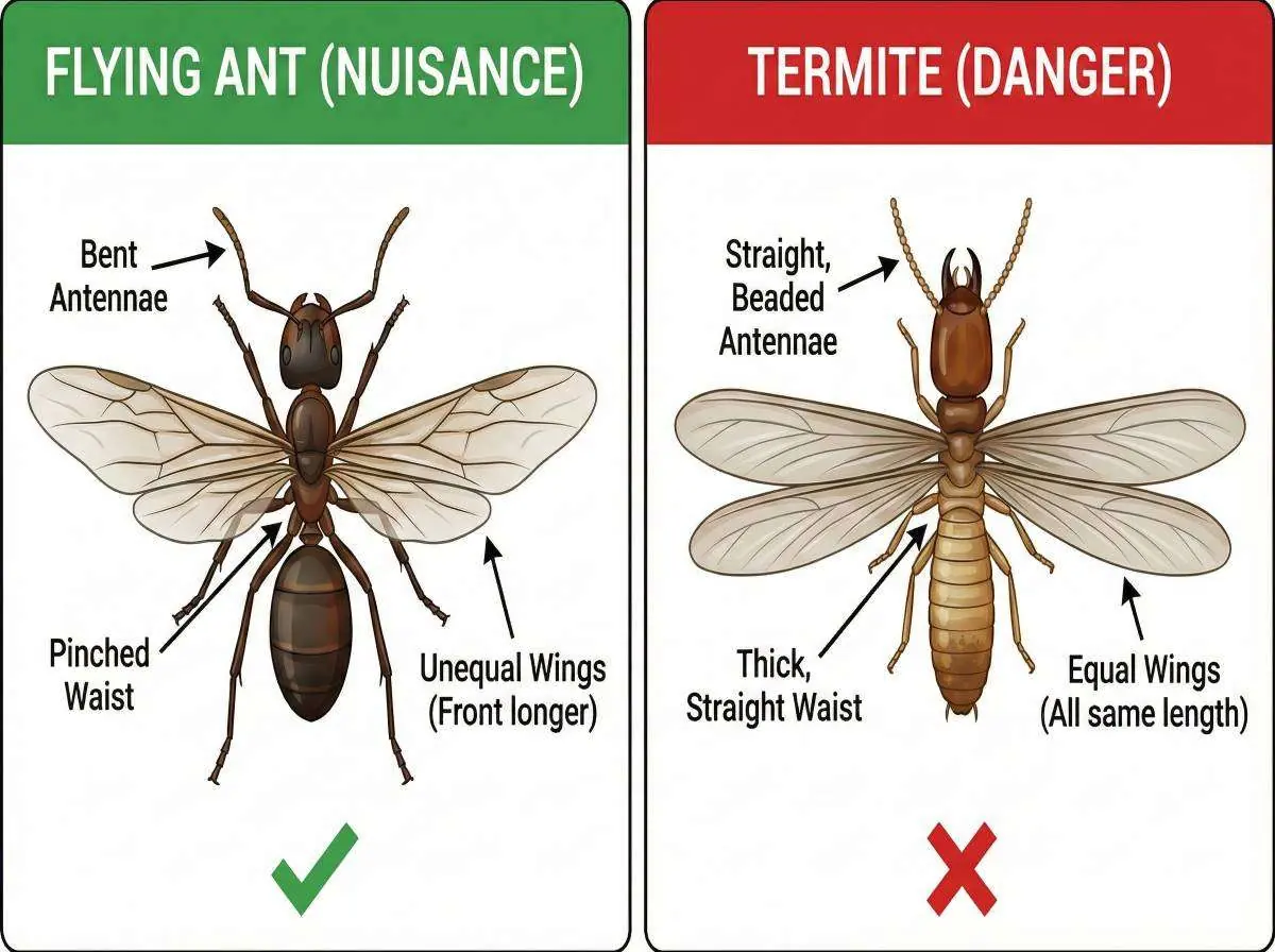Flying termites vs. flying ants diagram: ants have bent antennae, pinched waists and unequal wings; termites have straight antennae, thick waists and equal wings